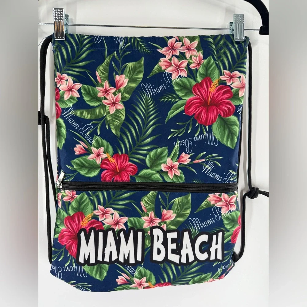 EUC Lucky 7 Tropical Print Miami Beach Drawstring Backpack